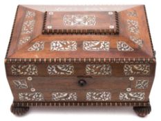 A William IV rosewood and mother-of-pearl inlaid work box: of sarcophagus outline,
