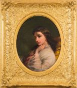 Circle of James Sant, 19th Century - Portrait of a pensive young lady:- oil on board oval,