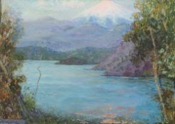 Alfredo Helsby [1862-1936]- View to a snow covered mountain peak probably Chile:- signed oil on