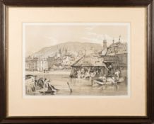 GENEVA : sepia tinted lithograph after Samuel Prout, 400 x 270 mm, f & g, 19th cent.