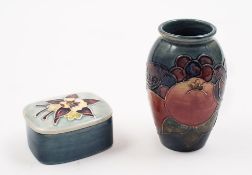 A small Moorcroft pottery vase and a box: the former of oviform tubelined in the Finches pattern in