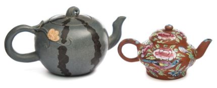 Two Chinese Yixing teapots and covers: one miniature and enamelled with birds,