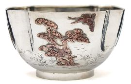 A Chinese silver and bronze bowl:, of square outline with re-entrant corners,