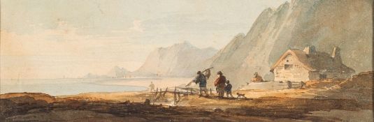 William Payne [1755 - 1830] Cornish Coastal scene circa 1795 watercolour, 7.5 x 22.5cm.