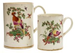 Two graduating First Period Worcester cylindrical mugs: with grooved strap handle each enamelled