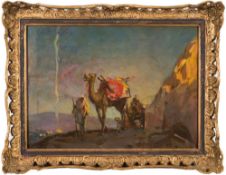 French School 19/20th Century- Camel train on a mountain pass,