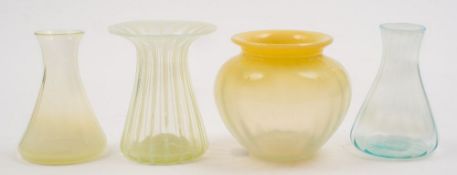 Four James Powell & Sons Whitefriars 'vaseline' glass vases: comprising a ribbed,