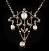 A gold, silver, baroque pearl and diamond pendant: of openwork foliate design on platinum chain.