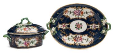 A First Period Worcester oval butter dish, cover and stand: with applied stalk and floret handles,