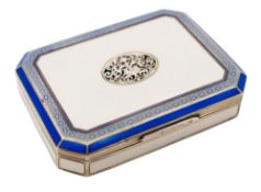 A late 19th/early 20th century French silver and enamel box: of rectangular outline with canted