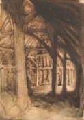George Clausen [1852-1944] - Interior of a Barn, Widdington, Essex:- pen, ink and wash drawing 36.