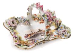 An English porcelain basket, probably Chamberlain (Worcester): of shaped rectangular form,