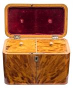 A 19th century blonde tortoiseshell tea caddy: of rectangular outline,