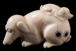 A Japanese carved ivory netsuke of a dog with a puppy on its back: signed Honda, 4.5cm. long.