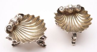 A pair of Victorian silver shell-shaped salts, maker Robert Hennell IV, London,