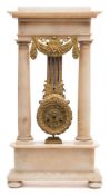 A French alabaster portico mantel clock: the eight-day duration movement within the pendulum bob,