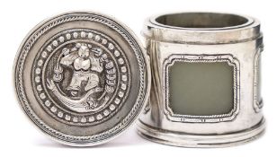 A Chinese silver and jade pot: of cylindrical form,