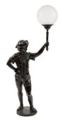 A late Victorian black painted spelter figure of a page: dressed in Renaissance-style costume and