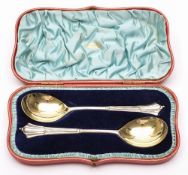 A pair of late Victorian silver Onslow pattern serving spoons, maker Robert Stebbings, London,