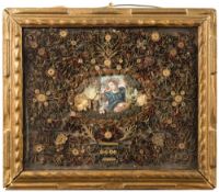 An 18th century quillwork picture: the central hand coloured engraving of a neo-classical female