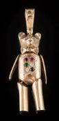 A 9ct gold and multi coloured paste-set, articulated 'bear' pendant:, 14.5gms gross weight.