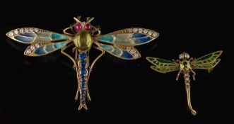 A plique-a-jour enamel, diamond and gem-set dragonfly brooch: the head with cabochon ruby eyes,