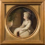 Manner of Thomas Gainsborough- Fashionable lady on a balcony interior:- oil on metal, tondo, 20cm.