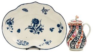 A First Period Worcester porcelain dish and cream jug and cover: the former of shield shape printed