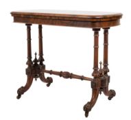 A Victorian burr figured walnut card table:, of rectangular shape with curved ends,
