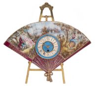 A 19th century French porcelain fan easel clock: the eight-day duration timepiece movement having a
