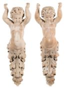 A pair of limed wood wall brackets: in the form of putti caryatids, 60cm. high.