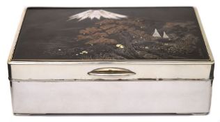 A Japanese silver table cigarette box: of rectangular outline,