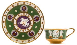 A Sèvres porcelain cup and saucer of Denon Etruscan form: the exterior of the cup decorated with