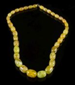 A graduated amber bead single-string necklace: with thirty three oblong beads graduated from 16mm