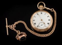 A gentleman's 9ct gold keyless lever open faced pocket watch: the circular white enamel dial 41mm