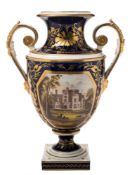 A Bloor Derby Named View vase 'Powderham Castle': of shield shape with acanthus scroll handles,