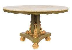 An Empire-style decorated and parcel gilt circular centre table:, with a faux marble snap top,