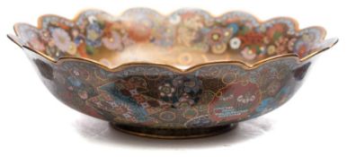 A Japanese cloisonne bowl: with scalloped rim, decorated with a ho-o bird,