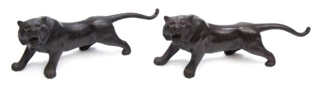 A pair of Japanese bronze figures of tigers: with snarling heads and patinated bronze markings to