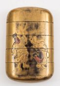 A Japanese five-division gilt lacquer inro: decorated to one side with acrobats,