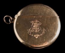 A Continental 14K gold vesta case: of circular outline, initialled, stamped Koch, 585, 4.75cm.