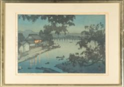 After Hiroshi Yoshida, four Shin Hanga woodblock prints: includes Evening on the Chikugo River,