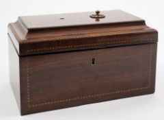 A George III mahogany and chequer strung tea caddy: of rectangular outline,