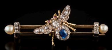 A late 19th century gold, sapphire, pearl and diamond 'bee' bar brooch: the bee with diamond thorax,