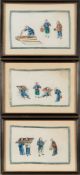 Two Chinese paintings on rice paper depicting prisoners wearing cangues: together with another
