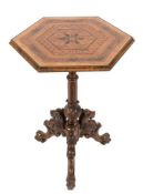 A Victorian carved olivewood and parquetry hexagonal occasional table:,