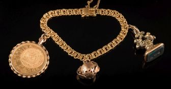 A double-curb link bracelet: the clasp stamped '18k' with attached 20 pesos,