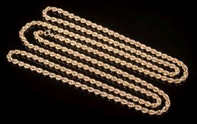 A long 9ct gold rope twist chain necklace: 159cm total length, 62gms gross weight.