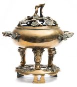 A Chinese brass censer, cover and stand: of circular form,