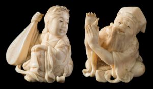 A Japanese caved ivory okimono, signed Kogyoku and one other,